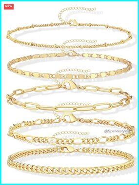 14k Gold Plated Layered Cuban Figaro Link Chain Anklets Set Adjustable